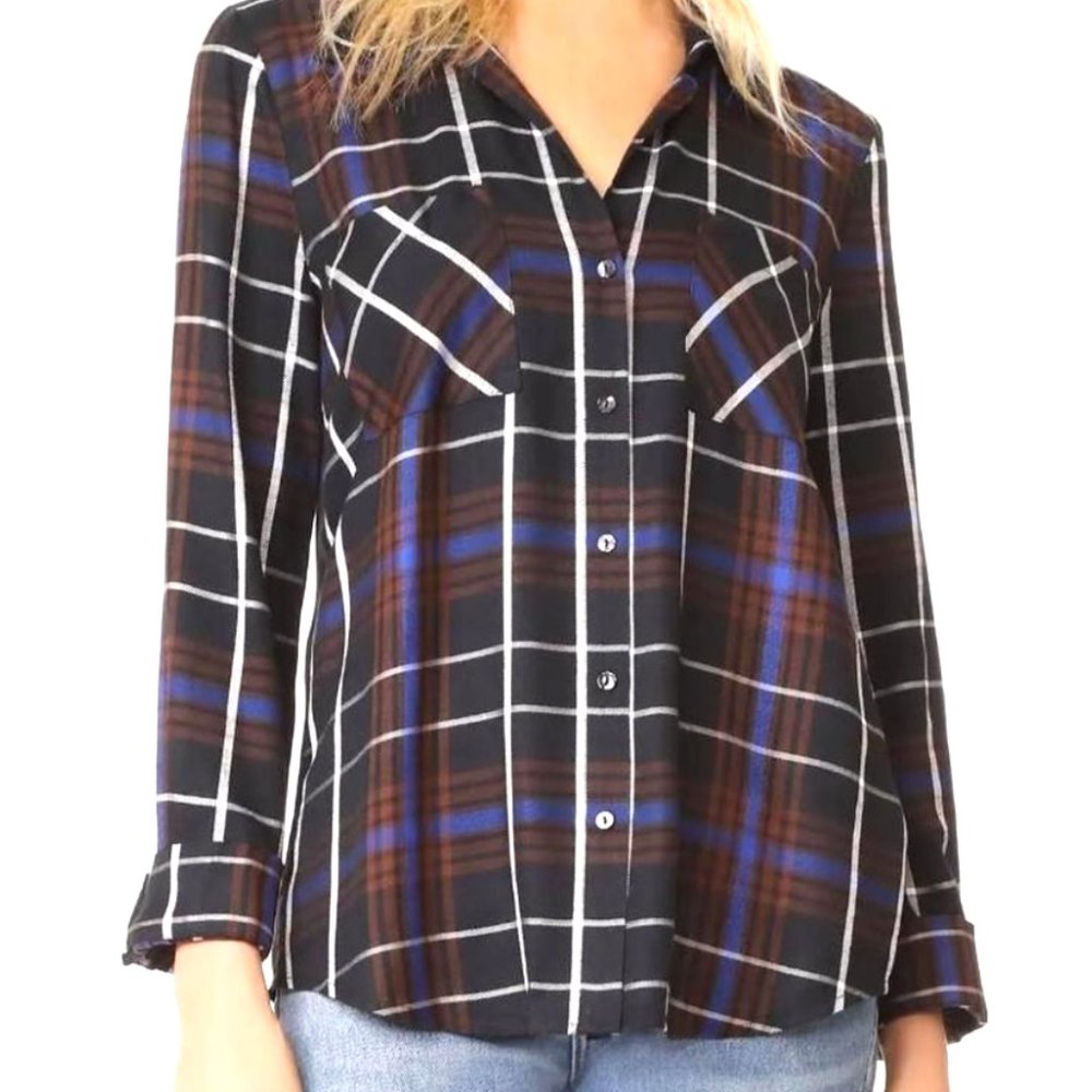 NEW L'AGENCE BLACK MULTICOLOR RAYON SILK PLAID SHIRT SIZE: XS